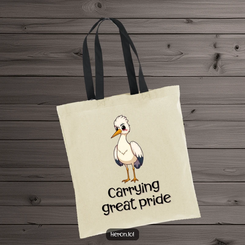 Funny tote bag featuring a proud heron bird standing tall with its chest puffed out, perfect for carrying essentials with pride.