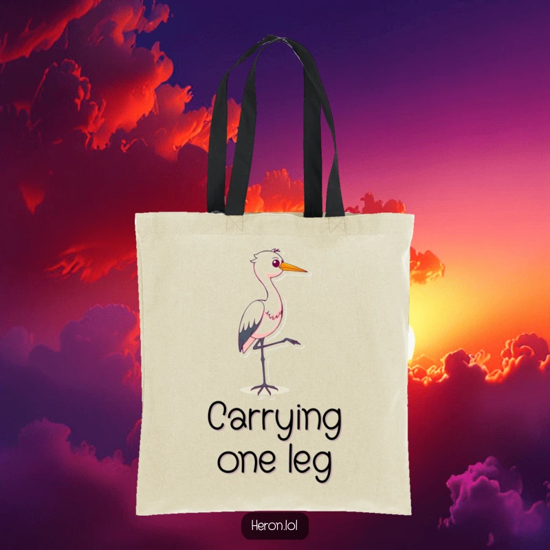Funny tote bag illustrated with a smug heron masterfully balancing on one leg, embodying a hilarious sense of pride for bird admirers.