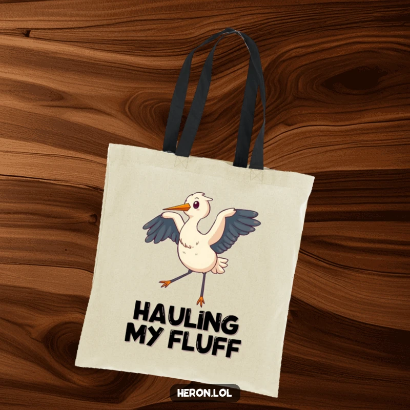 Funny Tote Bag illustrating a chubby heron with wings flapping, creating a gentle breeze, perfect for everyday use.