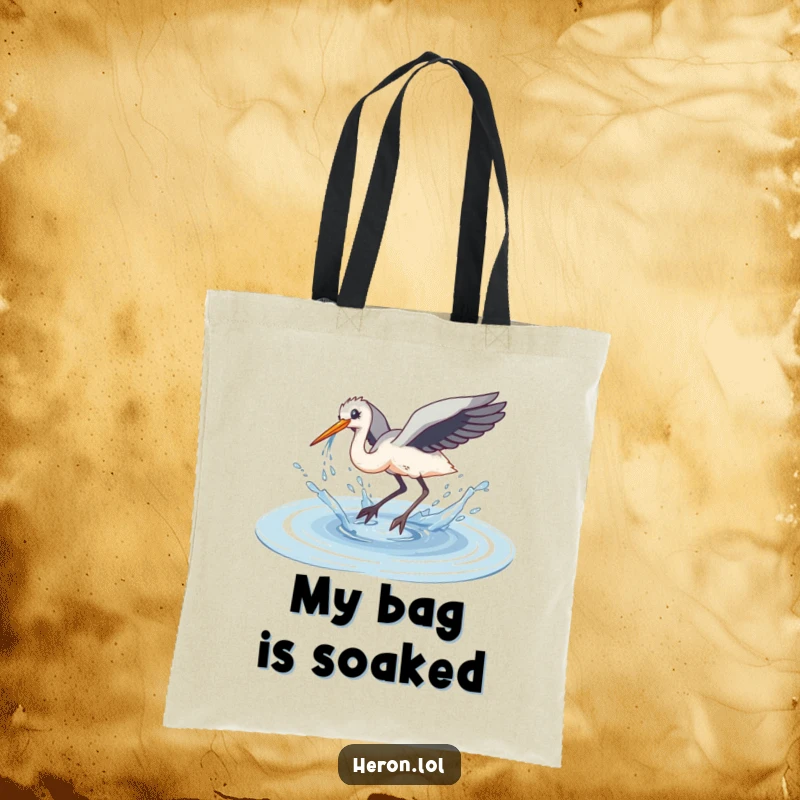 Funny Clumsy Dive Heron Tote Bag: A heron executes a clumsy dive, creating a massive splash of water everywhere.